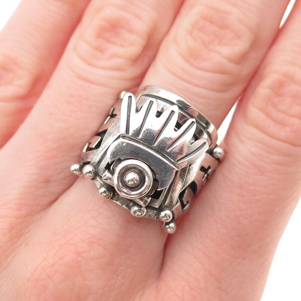 925 Sterling Silver Vintage Mayan Tribal Oxidized Adjustable Ring Size 8.75